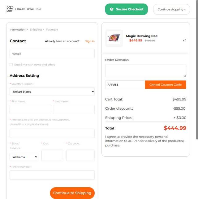 XPPen Store checkout page showing XPPen Store promo code box | Screenshot taken by SimplyCodes community member on Sep 23, 2025