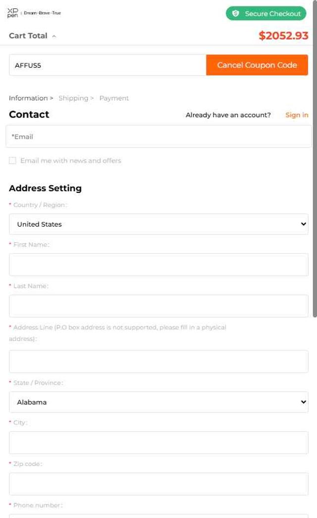 XPPen Store checkout page showing XPPen Store promo code box | Screenshot taken by SimplyCodes community member on Sep 16, 2025
