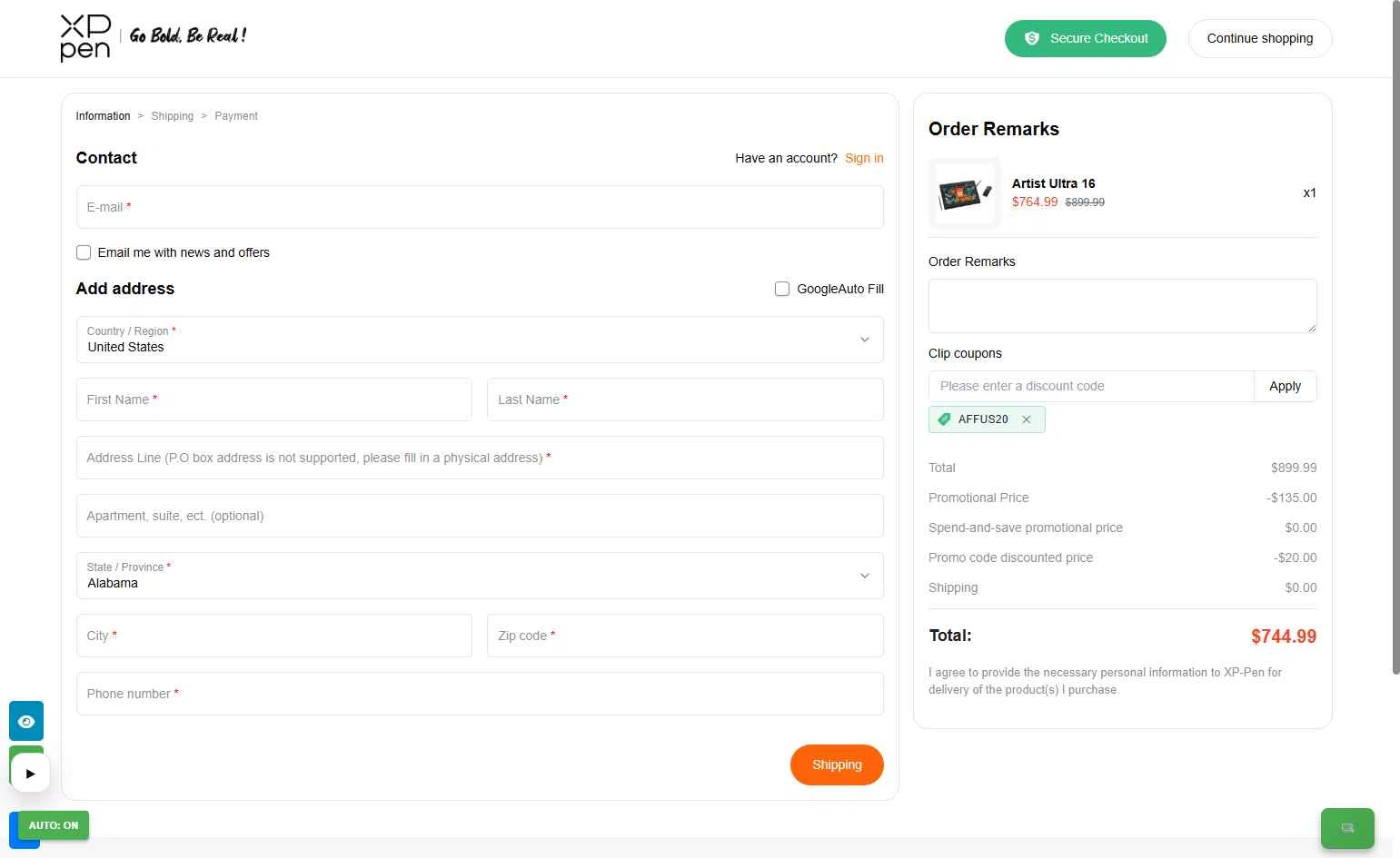 XPPen Store checkout page showing XPPen Store promo code box | Screenshot taken by SimplyCodes community member on Feb 13, 2026