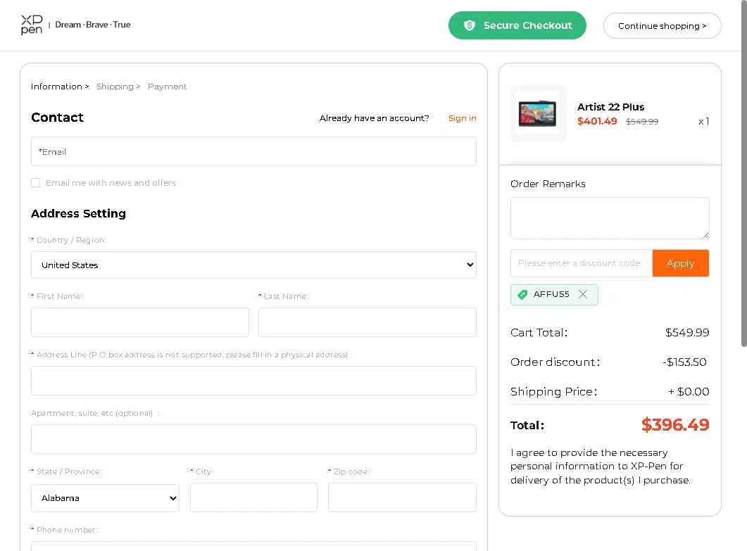 XPPen Store checkout page showing XPPen Store promo code box | Screenshot taken by SimplyCodes community member on Dec 27, 2025
