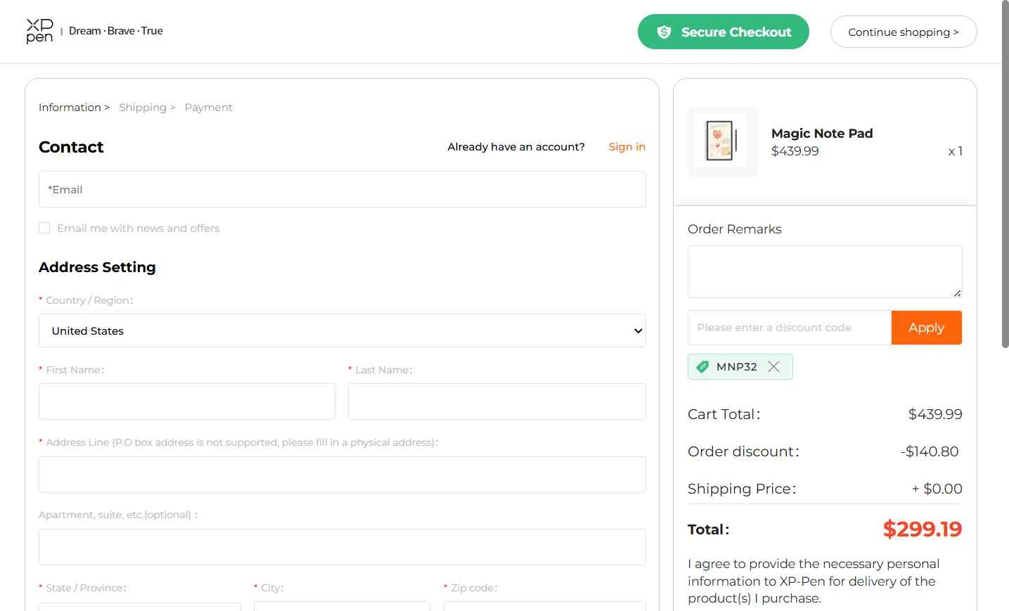 XPPen Store checkout page showing XPPen Store promo code box | Screenshot taken by SimplyCodes community member on Jan 18, 2026