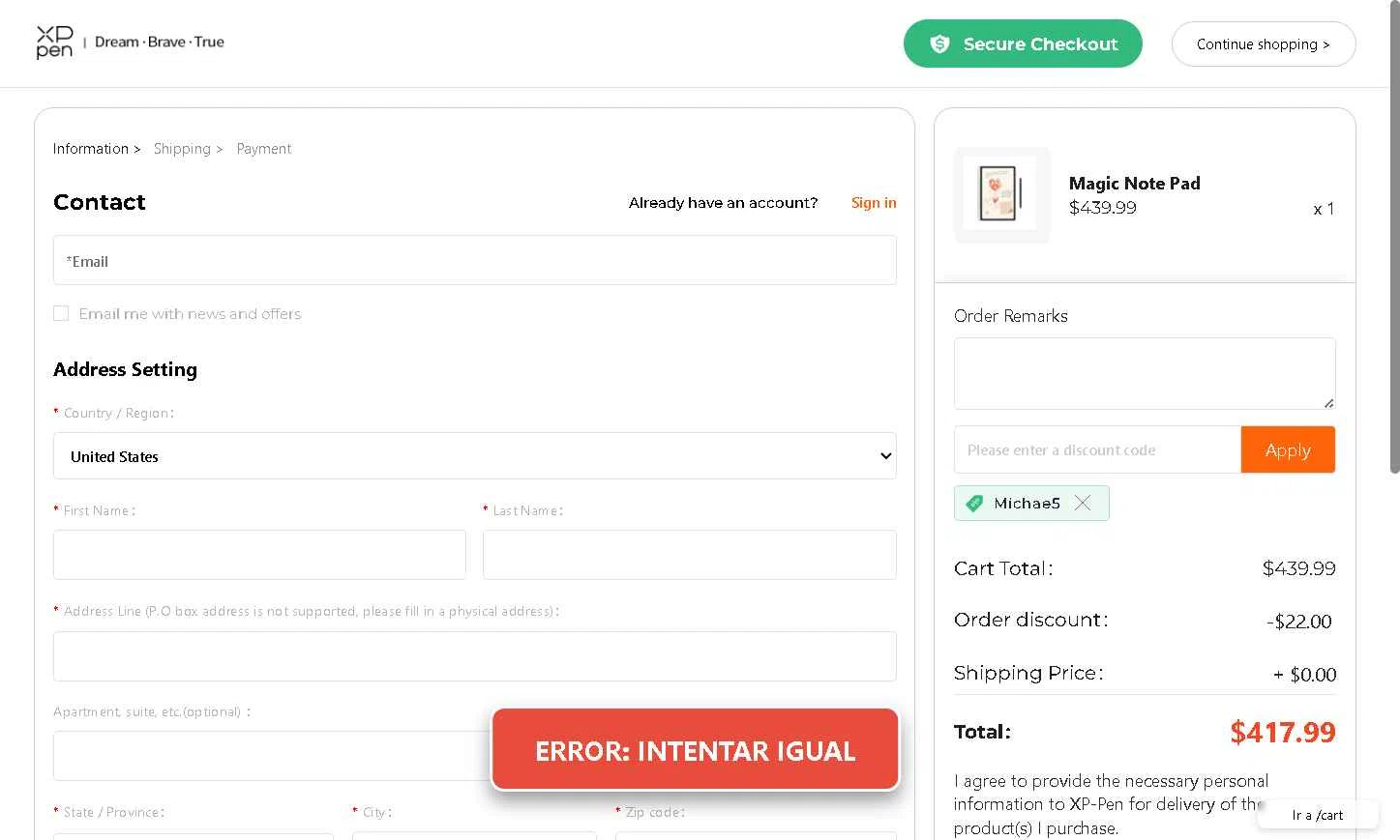 XPPen Store checkout page showing XPPen Store promo code box | Screenshot taken by SimplyCodes community member on Jan 13, 2026