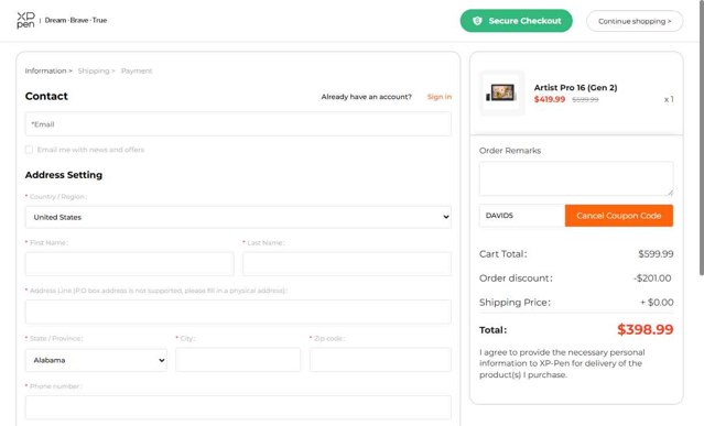 XPPen Store checkout page showing XPPen Store promo code box | Screenshot taken by SimplyCodes community member on Aug 29, 2025
