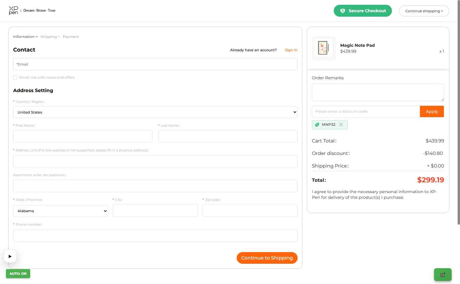 XPPen Store checkout page showing XPPen Store promo code box | Screenshot taken by SimplyCodes community member on Jan 7, 2026