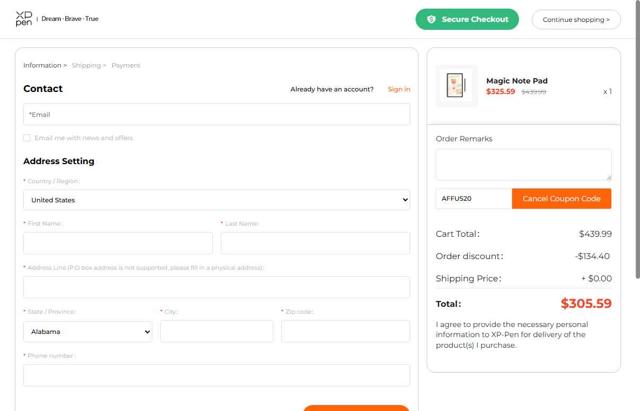 XPPen Store checkout page showing XPPen Store promo code box | Screenshot taken by SimplyCodes community member on Sep 24, 2025