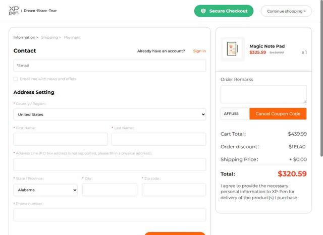 XPPen Store checkout page showing XPPen Store promo code box | Screenshot taken by SimplyCodes community member on Sep 19, 2025