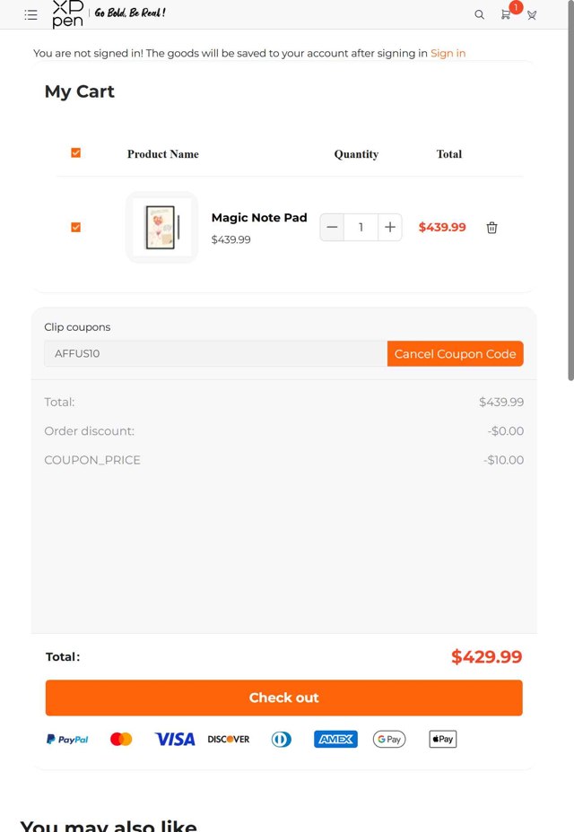 XPPen Store checkout page showing XPPen Store promo code box | Screenshot taken by SimplyCodes community member on Aug 23, 2025