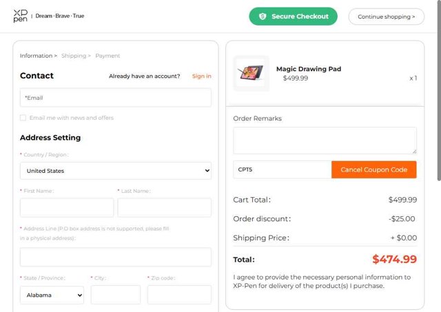 XPPen Store checkout page showing XPPen Store promo code box | Screenshot taken by SimplyCodes community member on Aug 27, 2025