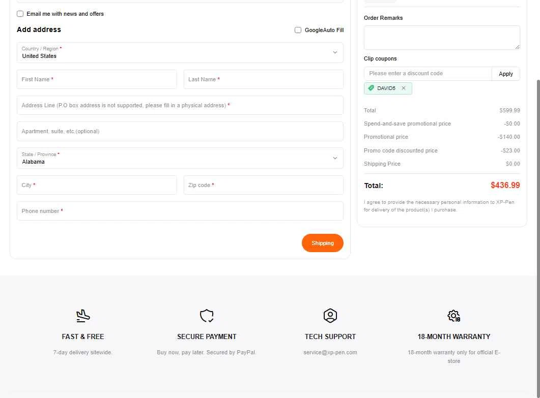 XPPen Store checkout page showing XPPen Store promo code box | Screenshot taken by SimplyCodes community member on Jan 20, 2026