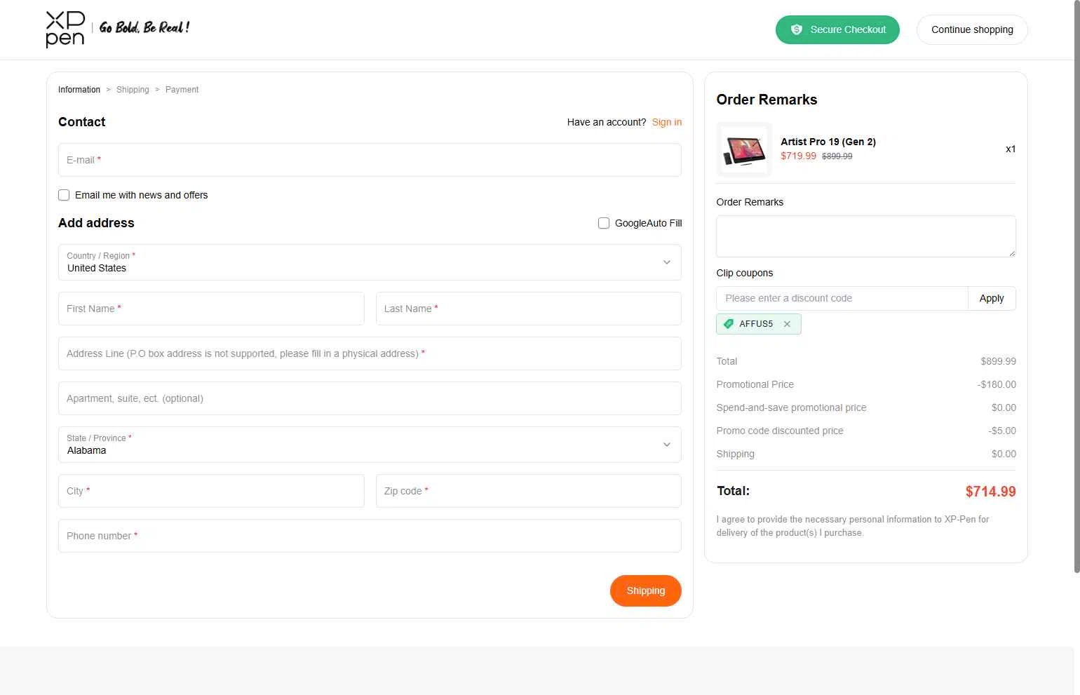 XPPen Store checkout page showing XPPen Store promo code box | Screenshot taken by SimplyCodes community member on Feb 10, 2026