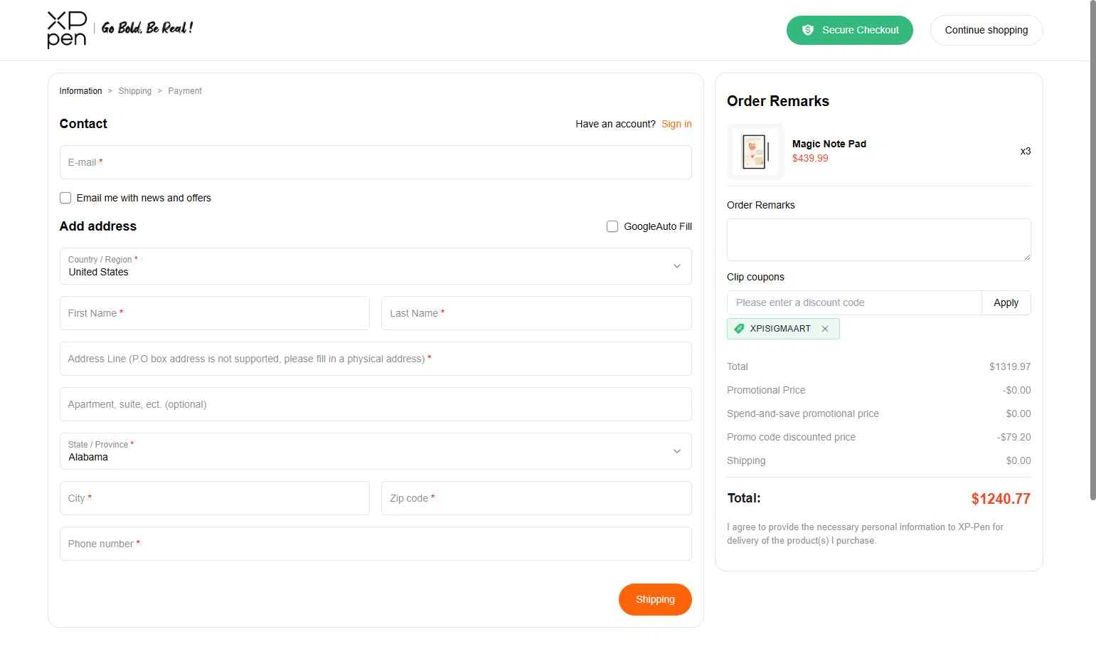 XPPen Store checkout page showing XPPen Store promo code box | Screenshot taken by SimplyCodes community member on Feb 11, 2026