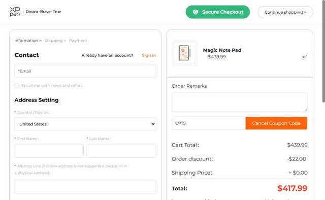 XPPen Store checkout page showing XPPen Store promo code box | Screenshot taken by SimplyCodes community member on Sep 4, 2025