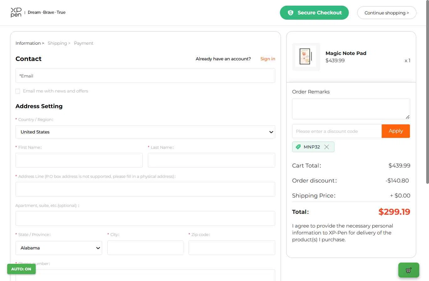 XPPen Store checkout page showing XPPen Store promo code box | Screenshot taken by SimplyCodes community member on Jan 17, 2026