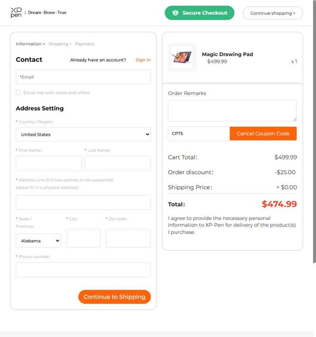 XPPen Store checkout page showing XPPen Store promo code box | Screenshot taken by SimplyCodes community member on Aug 21, 2025