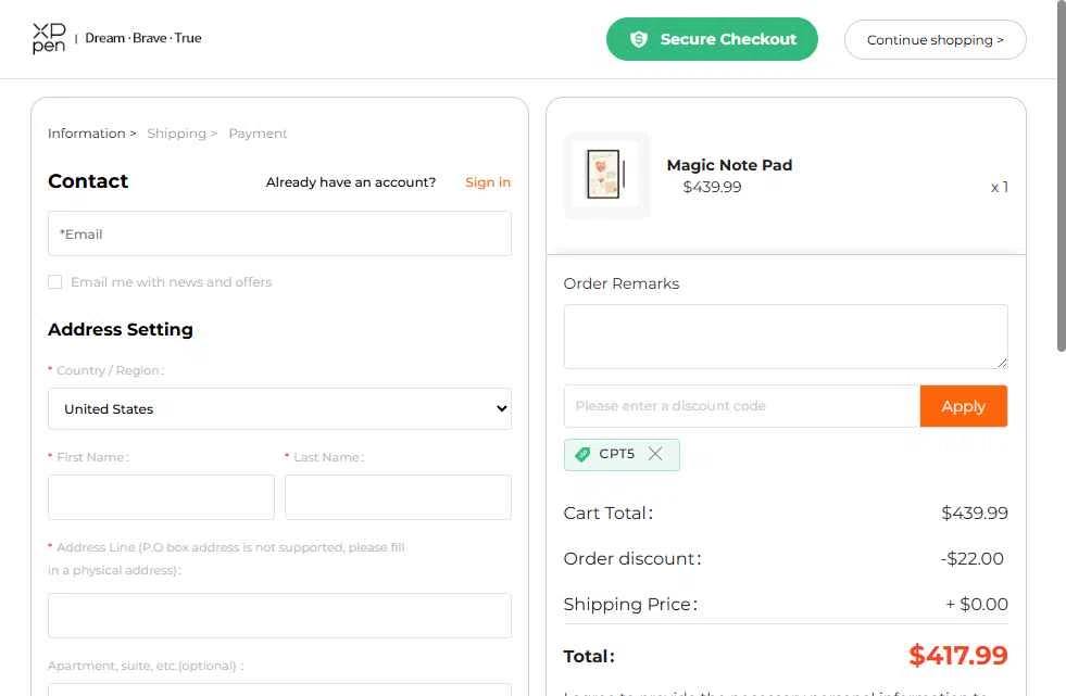 XPPen Store checkout page showing XPPen Store promo code box | Screenshot taken by SimplyCodes community member on Dec 30, 2025