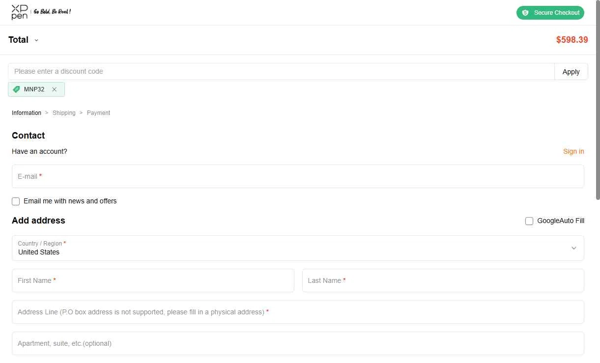 XPPen Store checkout page showing XPPen Store promo code box | Screenshot taken by SimplyCodes community member on Jan 21, 2026
