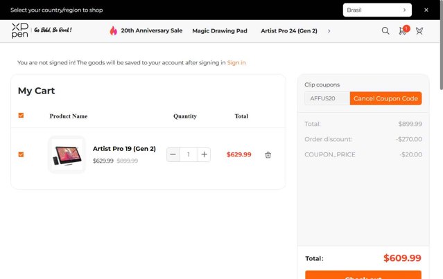 XPPen Store checkout page showing XPPen Store promo code box | Screenshot taken by SimplyCodes community member on Aug 21, 2025