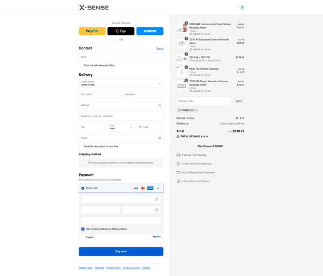 X-Sense checkout page showing X-Sense promo code box | Screenshot taken by SimplyCodes community member on Sep 15, 2025