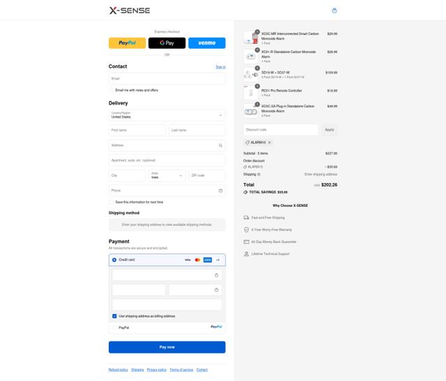 X-Sense checkout page showing X-Sense promo code box | Screenshot taken by SimplyCodes community member on Sep 15, 2025