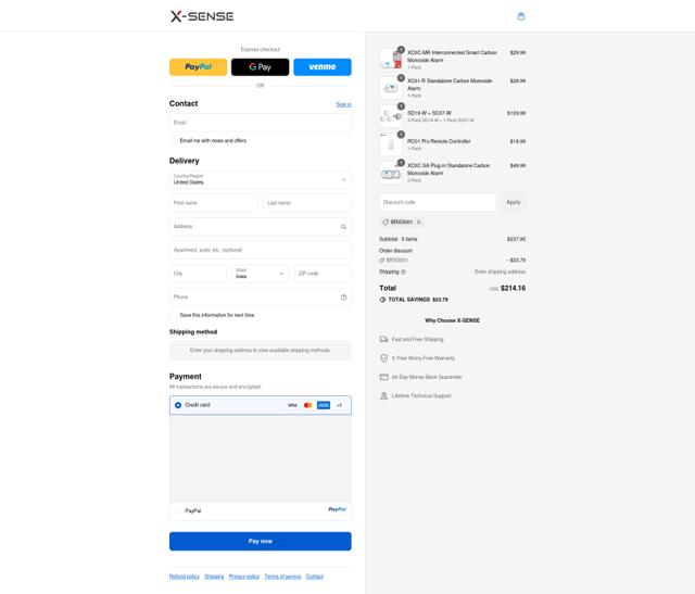 X-Sense checkout page showing X-Sense promo code box | Screenshot taken by SimplyCodes community member on Sep 15, 2025