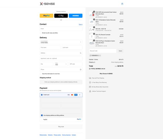 X-Sense checkout page showing X-Sense promo code box | Screenshot taken by SimplyCodes community member on Sep 15, 2025