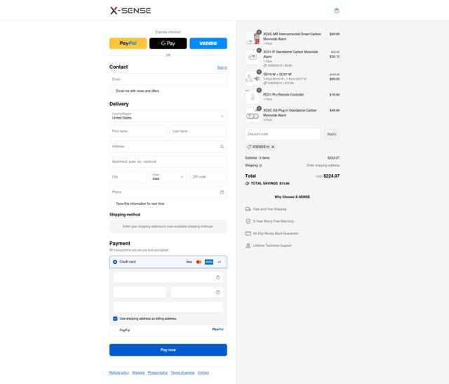 X-Sense checkout page showing X-Sense promo code box | Screenshot taken by SimplyCodes community member on Sep 15, 2025