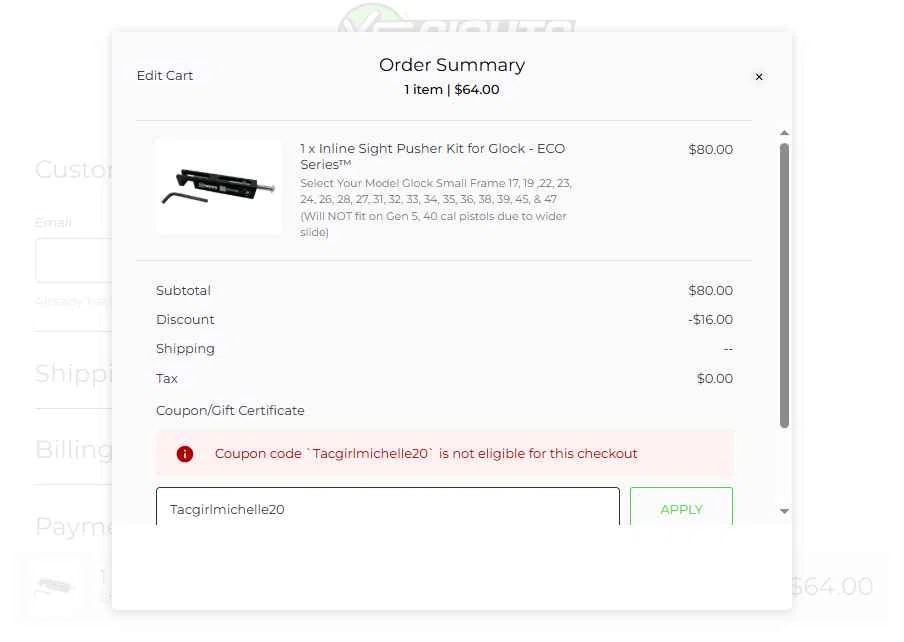 XS Sight Systems checkout page showing XS Sight Systems promo code box | Screenshot taken by SimplyCodes community member on Oct 22, 2025