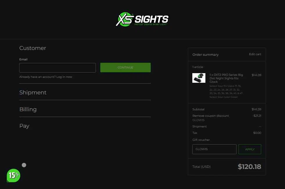 XS Sight Systems checkout page showing XS Sight Systems promo code box | Screenshot taken by SimplyCodes community member on Jan 22, 2026