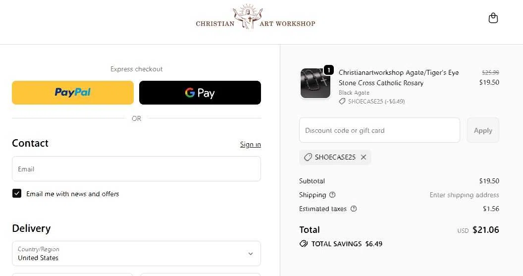 Christian Art Workshop discount code screenshot showing code SHOECASE25 applied at Christian Art Workshop checkout page. Uploaded by SimplyCodes community member WiseTitan5941 on Nov 24, 2025