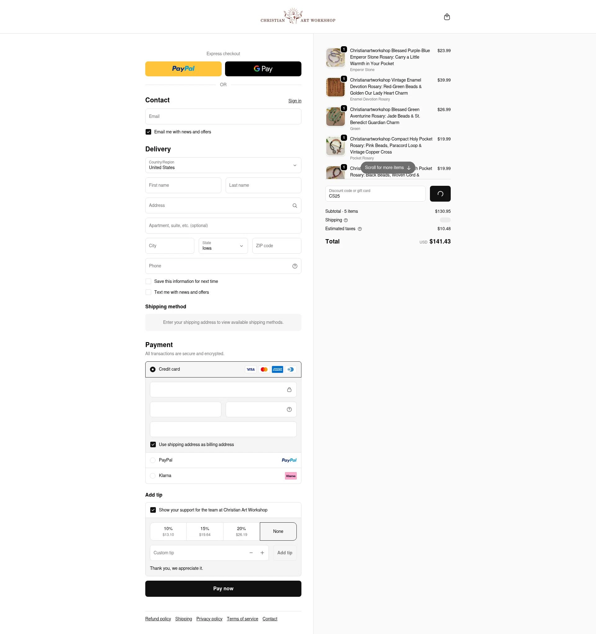 Christian Art Workshop checkout page showing Christian Art Workshop discount code box | Screenshot taken by SimplyCodes community member on Jan 2, 2026