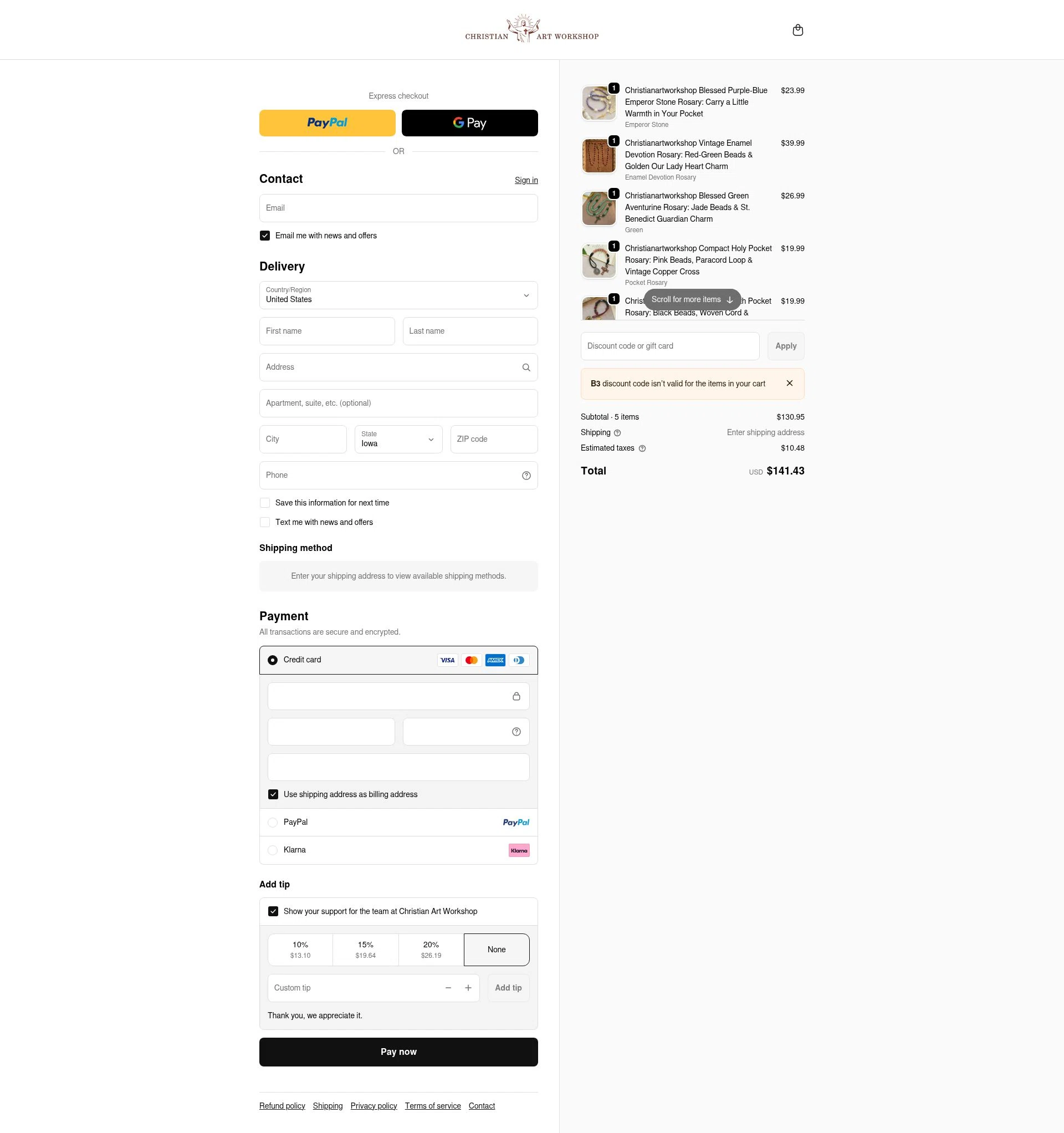 Christian Art Workshop checkout page showing Christian Art Workshop discount code box | Screenshot taken by SimplyCodes community member on Jan 7, 2026