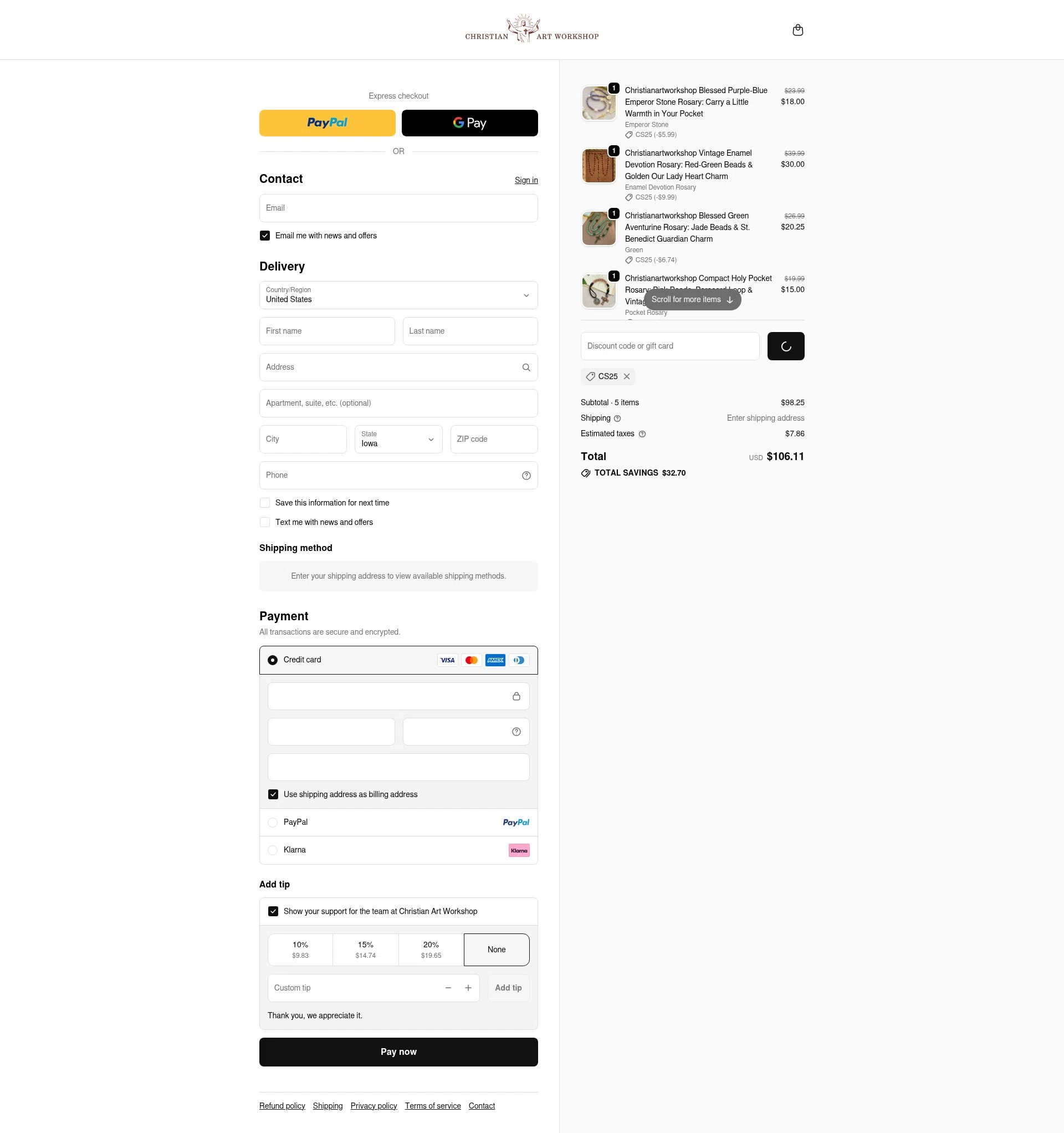 Christian Art Workshop checkout page showing Christian Art Workshop discount code box | Screenshot taken by SimplyCodes community member on Jan 7, 2026