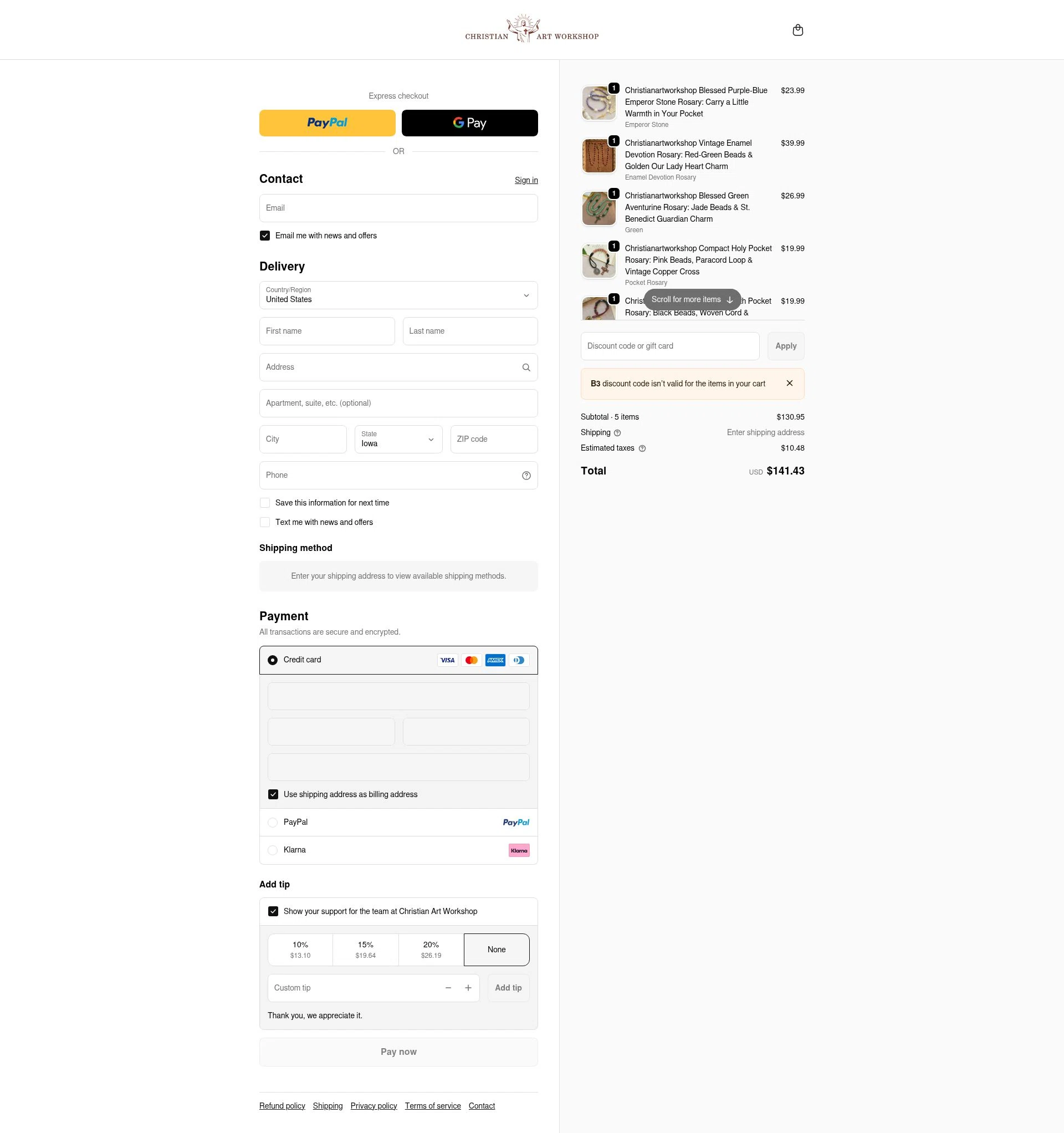Christian Art Workshop checkout page showing Christian Art Workshop discount code box | Screenshot taken by SimplyCodes community member on Jan 2, 2026