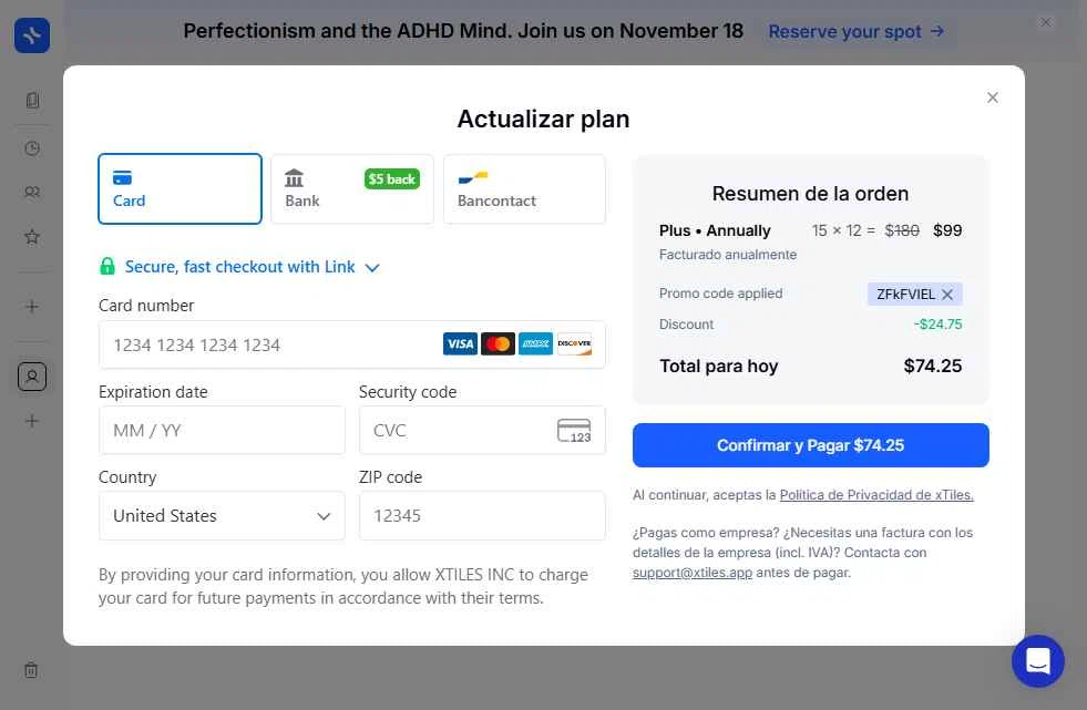 xTiles checkout page showing xTiles promo code box | Screenshot taken by SimplyCodes community member on Nov 16, 2025