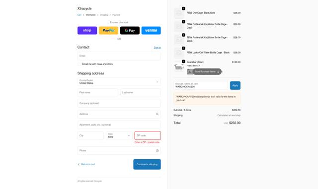Xtracycle Cargo Bikes checkout page showing Xtracycle Cargo Bikes promo code box | Screenshot taken by SimplyCodes community member on Sep 24, 2025