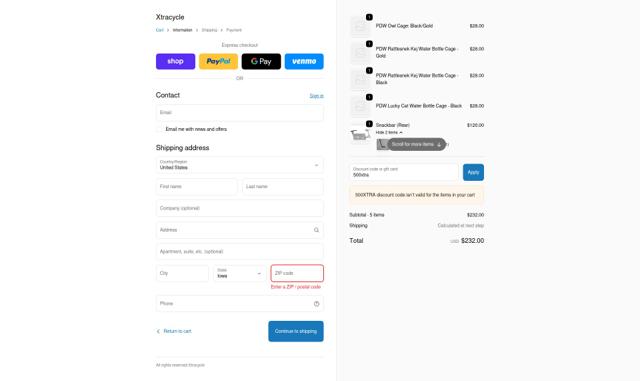 Xtracycle Cargo Bikes checkout page showing Xtracycle Cargo Bikes promo code box | Screenshot taken by SimplyCodes community member on Sep 24, 2025
