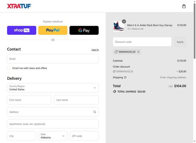Xtratuf checkout page showing Xtratuf promo code box | Screenshot taken by SimplyCodes community member on Aug 20, 2025