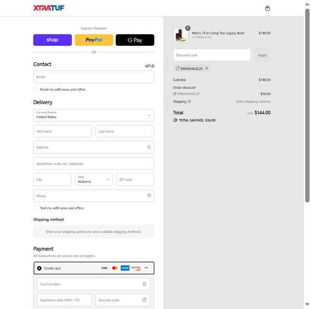 Xtratuf checkout page showing Xtratuf promo code box | Screenshot taken by SimplyCodes community member on Aug 31, 2025