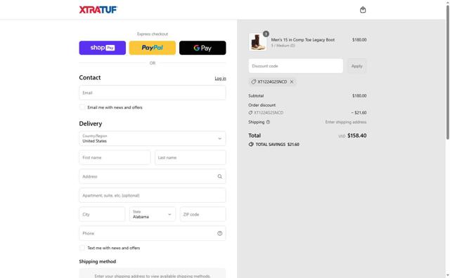Xtratuf checkout page showing Xtratuf promo code box | Screenshot taken by SimplyCodes community member on Aug 22, 2025