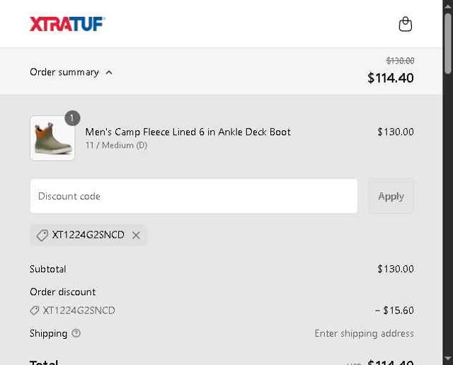 Xtratuf checkout page showing Xtratuf promo code box | Screenshot taken by SimplyCodes community member on Aug 22, 2025
