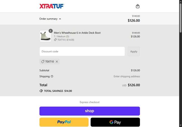 Xtratuf checkout page showing Xtratuf promo code box | Screenshot taken by SimplyCodes community member on Sep 8, 2025