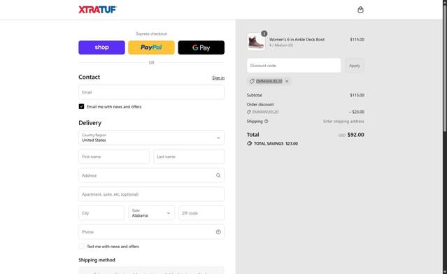 Xtratuf checkout page showing Xtratuf promo code box | Screenshot taken by SimplyCodes community member on Sep 11, 2025
