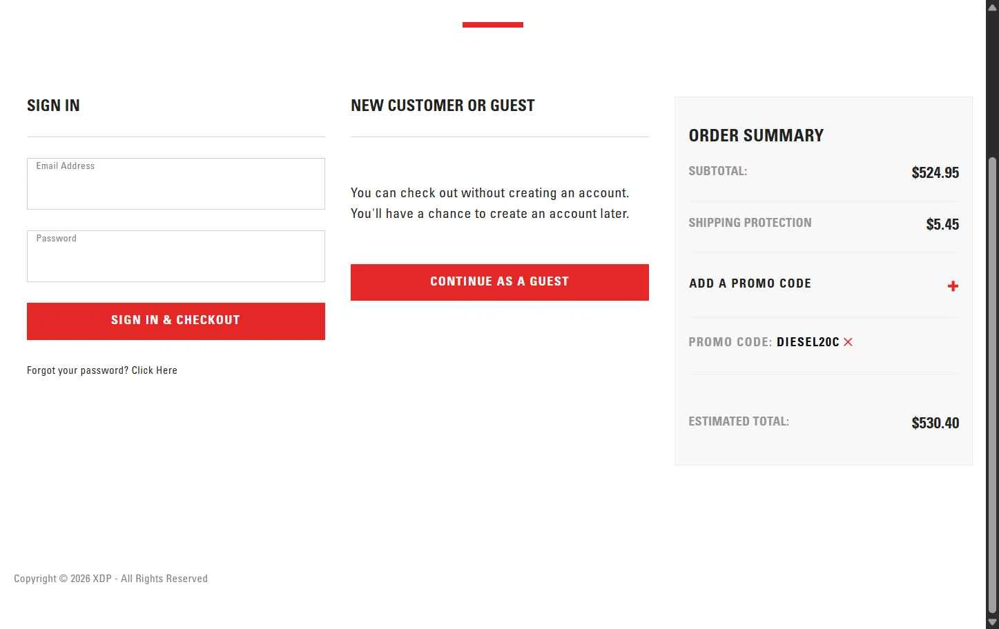 Xtreme Diesel Performance checkout page showing Xtreme Diesel Performance promo code box | Screenshot taken by SimplyCodes community member on Feb 1, 2026