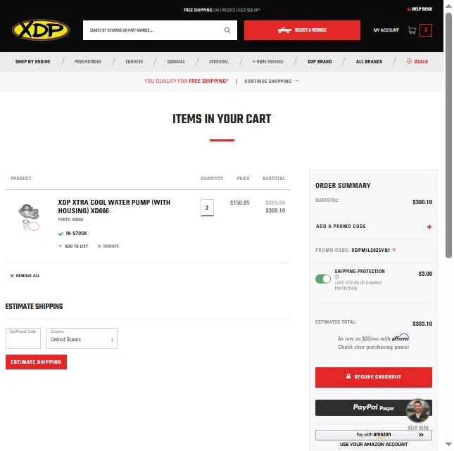 Xtreme Diesel Performance checkout page showing Xtreme Diesel Performance promo code box | Screenshot taken by SimplyCodes community member on Nov 23, 2025
