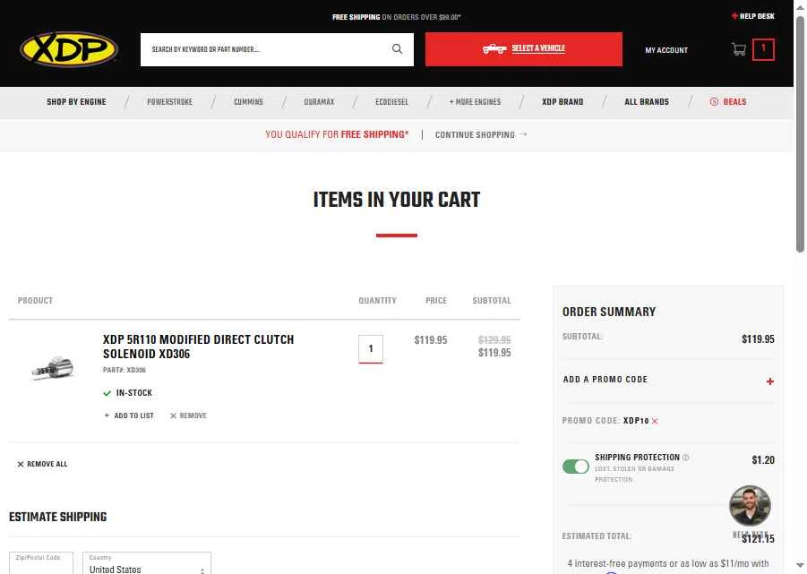 Xtreme Diesel Performance checkout page showing Xtreme Diesel Performance promo code box | Screenshot taken by SimplyCodes community member on Jan 9, 2026