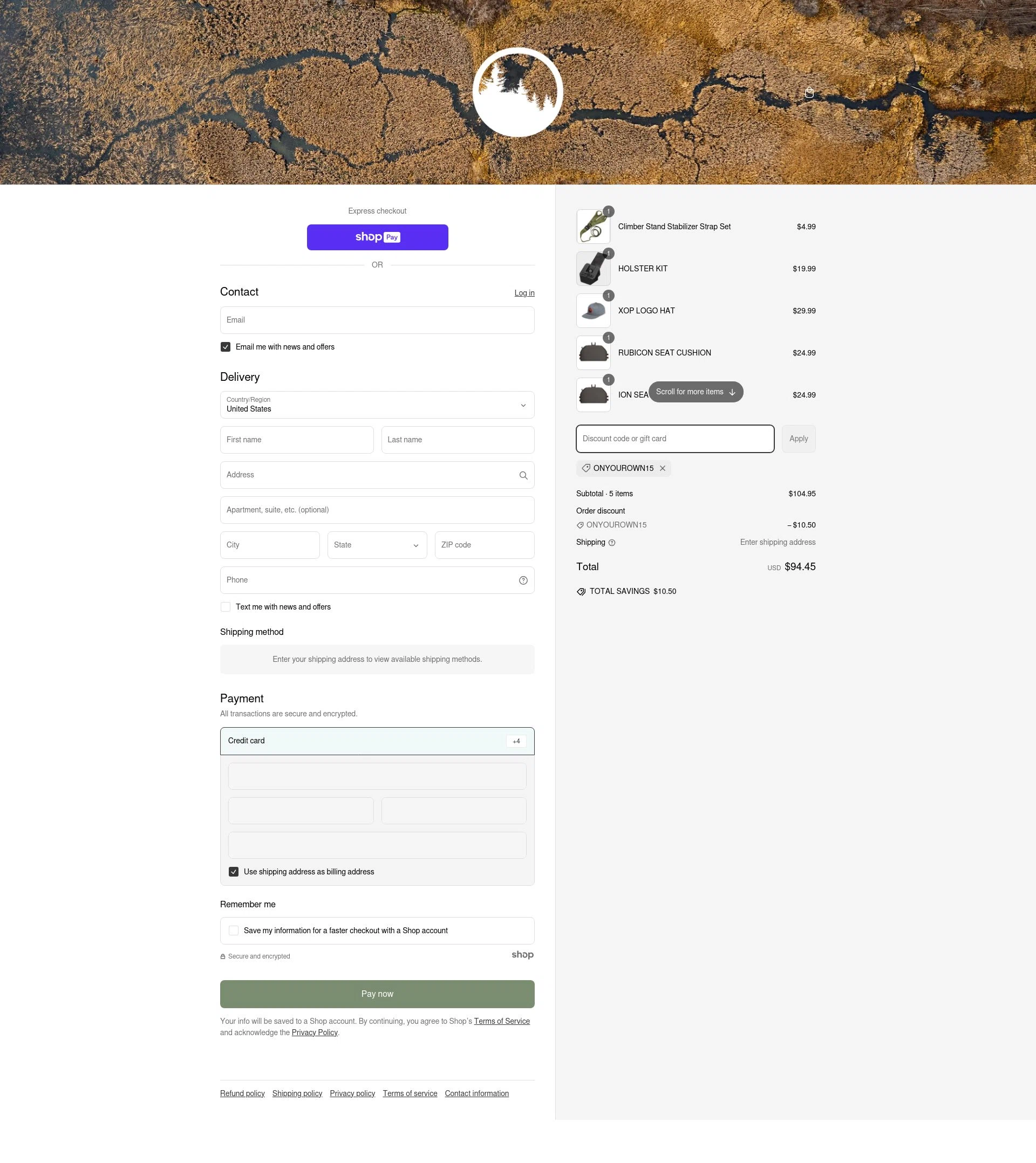 Xtreme Outdoor Products checkout page showing Xtreme Outdoor Products promo code box | Screenshot taken by SimplyCodes community member on Mar 10, 2025