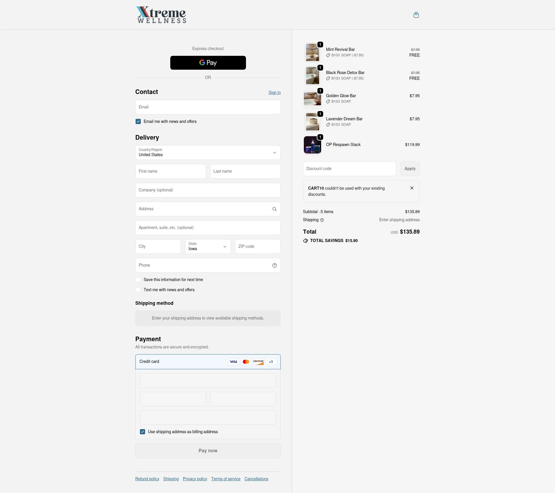 Xtreme Wellness checkout page showing Xtreme Wellness promo code box | Screenshot taken by SimplyCodes community member on Jan 8, 2026