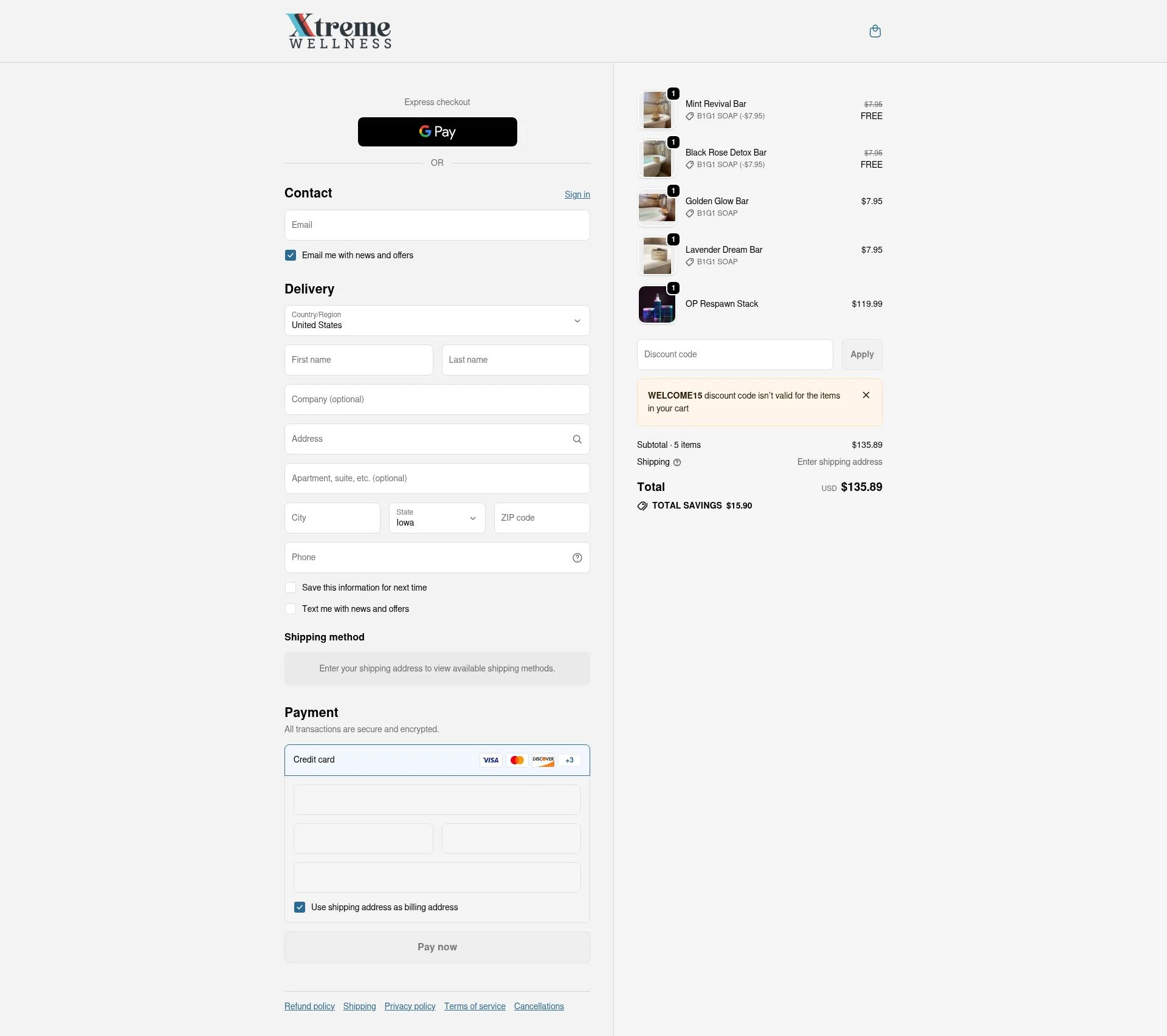 Xtreme Wellness checkout page showing Xtreme Wellness promo code box | Screenshot taken by SimplyCodes community member on Dec 29, 2025