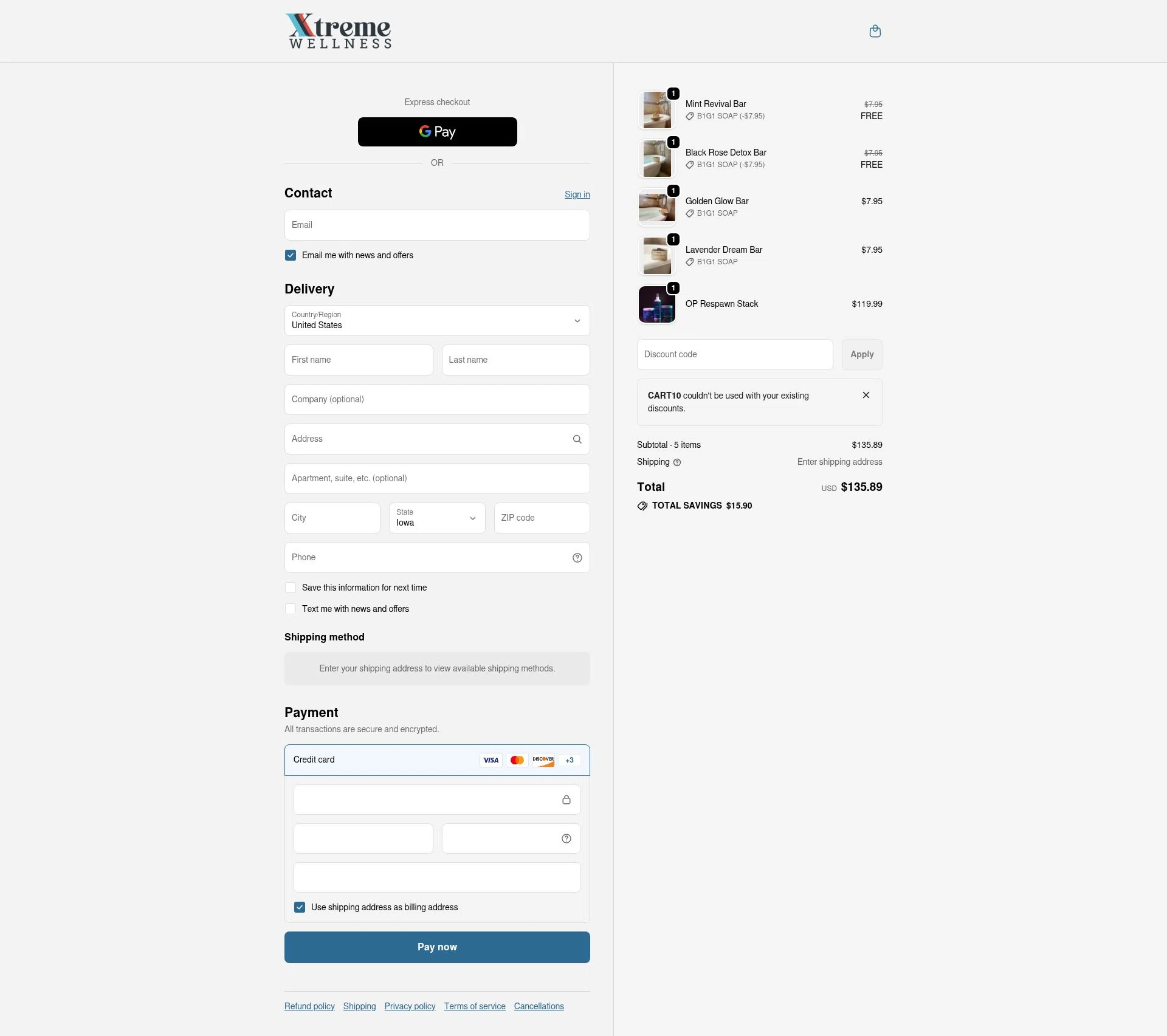 Xtreme Wellness checkout page showing Xtreme Wellness promo code box | Screenshot taken by SimplyCodes community member on Jan 3, 2026
