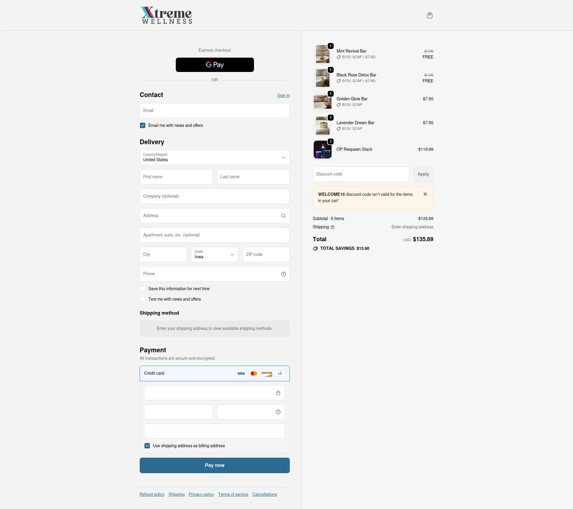 Xtreme Wellness checkout page showing Xtreme Wellness promo code box | Screenshot taken by SimplyCodes community member on Dec 24, 2025